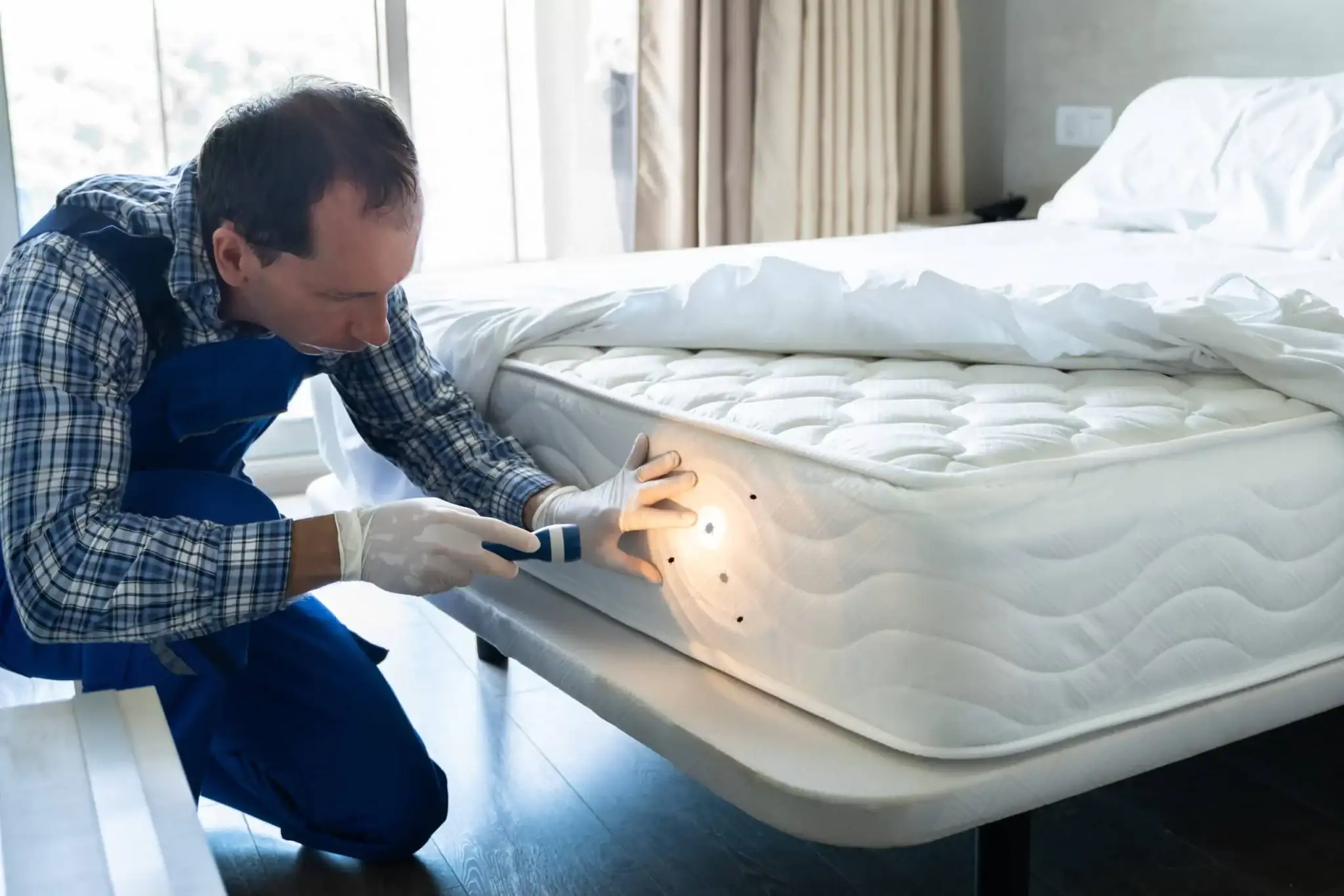 A man wearing gloves inspects the side of a mattress with a flashlight, looking for signs of pests or damage in a bright bedroom—demonstrating expert Pest Control Genesee County, MI services.