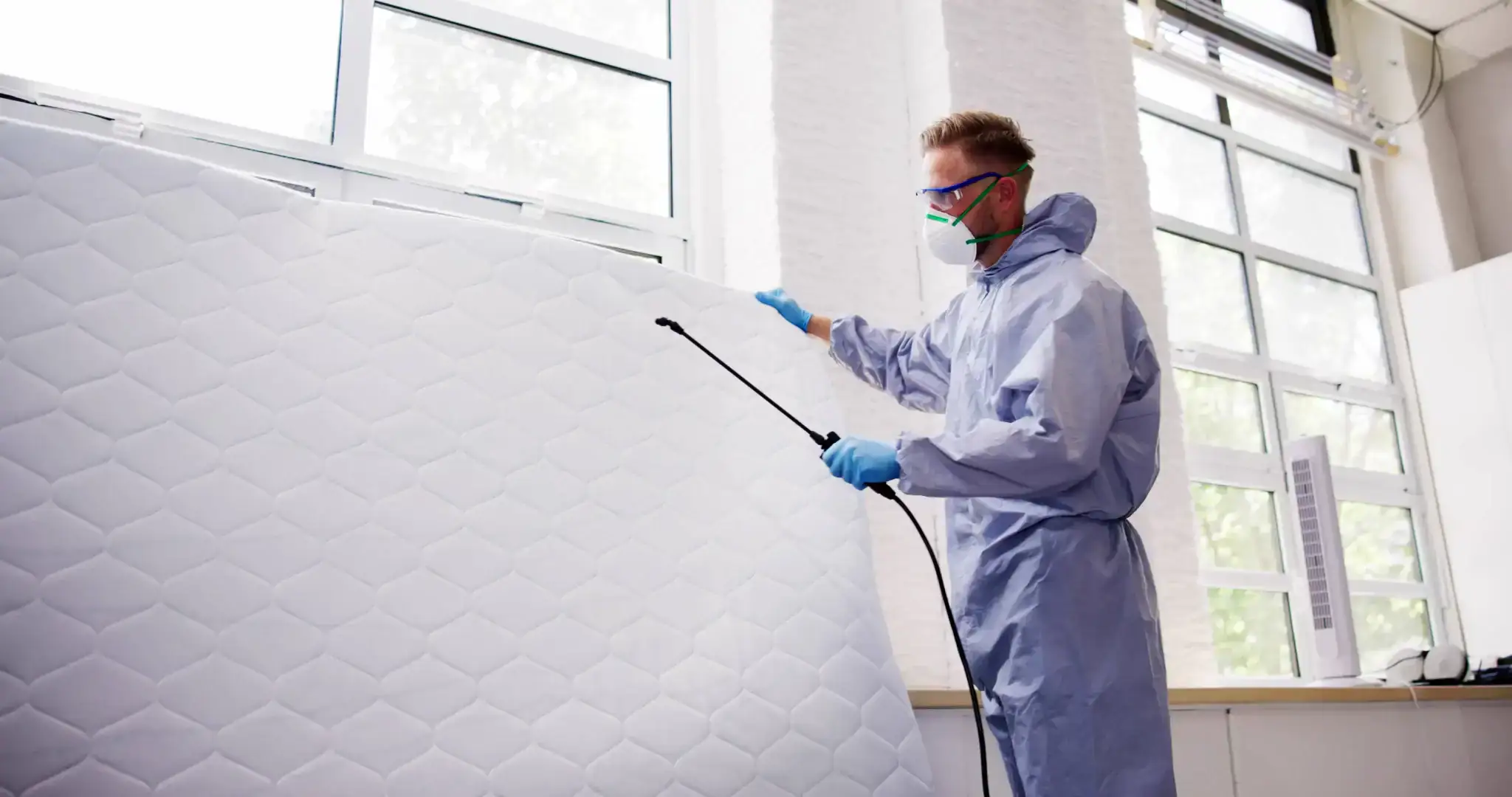 A person wearing protective gear, gloves, and a face mask sprays disinfectant on a mattress propped up against a wall near a window.