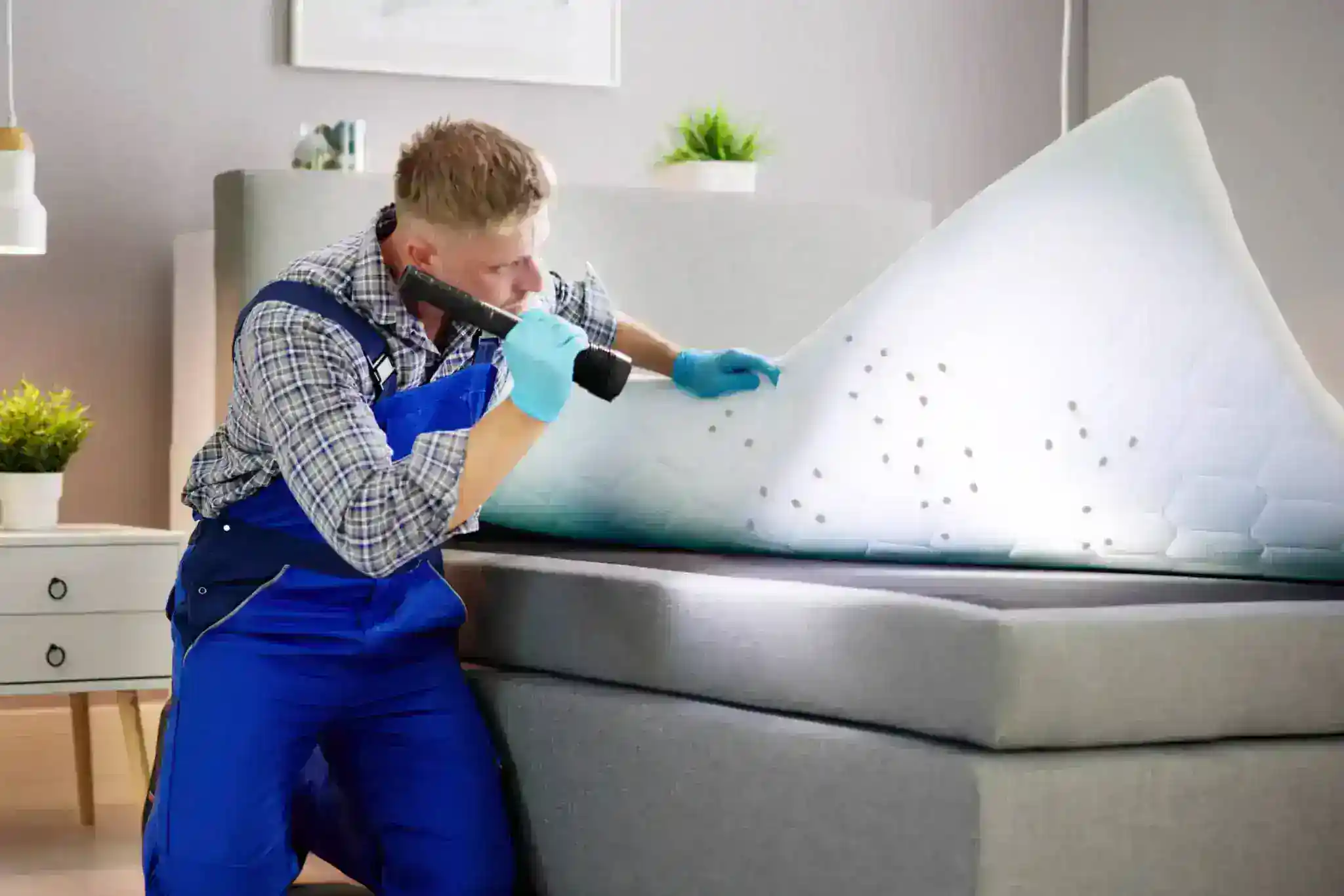 A man in blue overalls and gloves inspects a mattress with a flashlight, lifting the cover to reveal spots that may indicate bed bugs, as Pest Control Genesee County professionals do in modern, tidy bedrooms across MI.