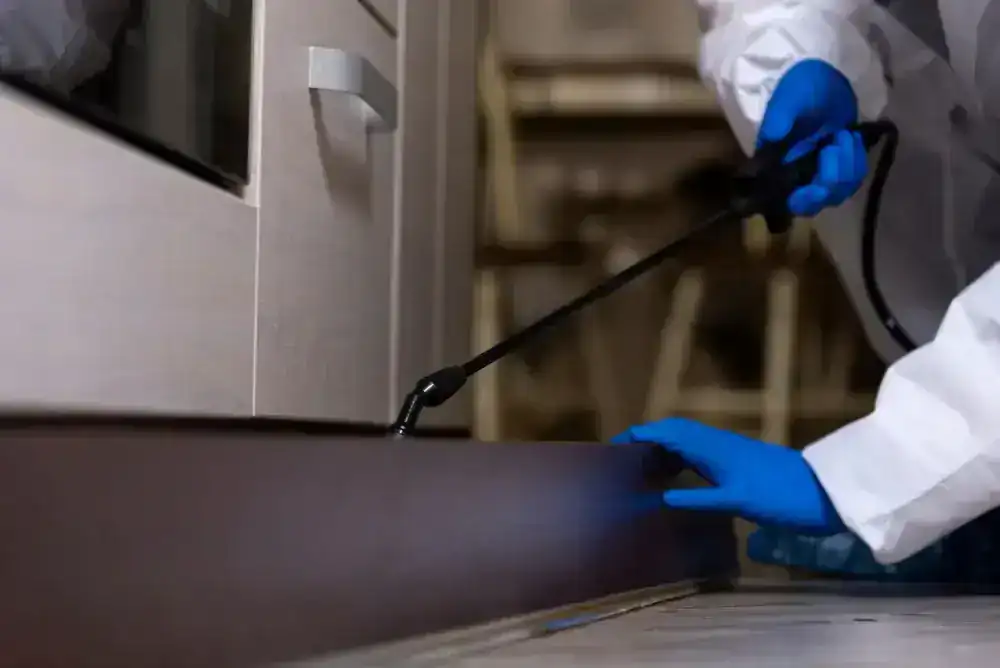 A person wearing blue gloves and protective clothing uses a spray wand to apply Pest Control Genesee County, MI treatment along the baseboards of a kitchen cabinet.